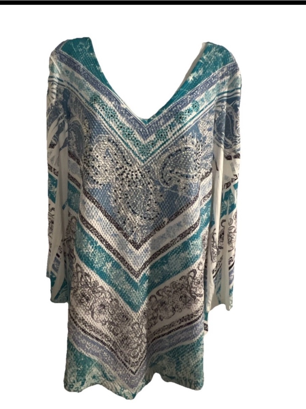 Reba Teal Blue White Printed V-Neck Tunic with sequined Embellishment